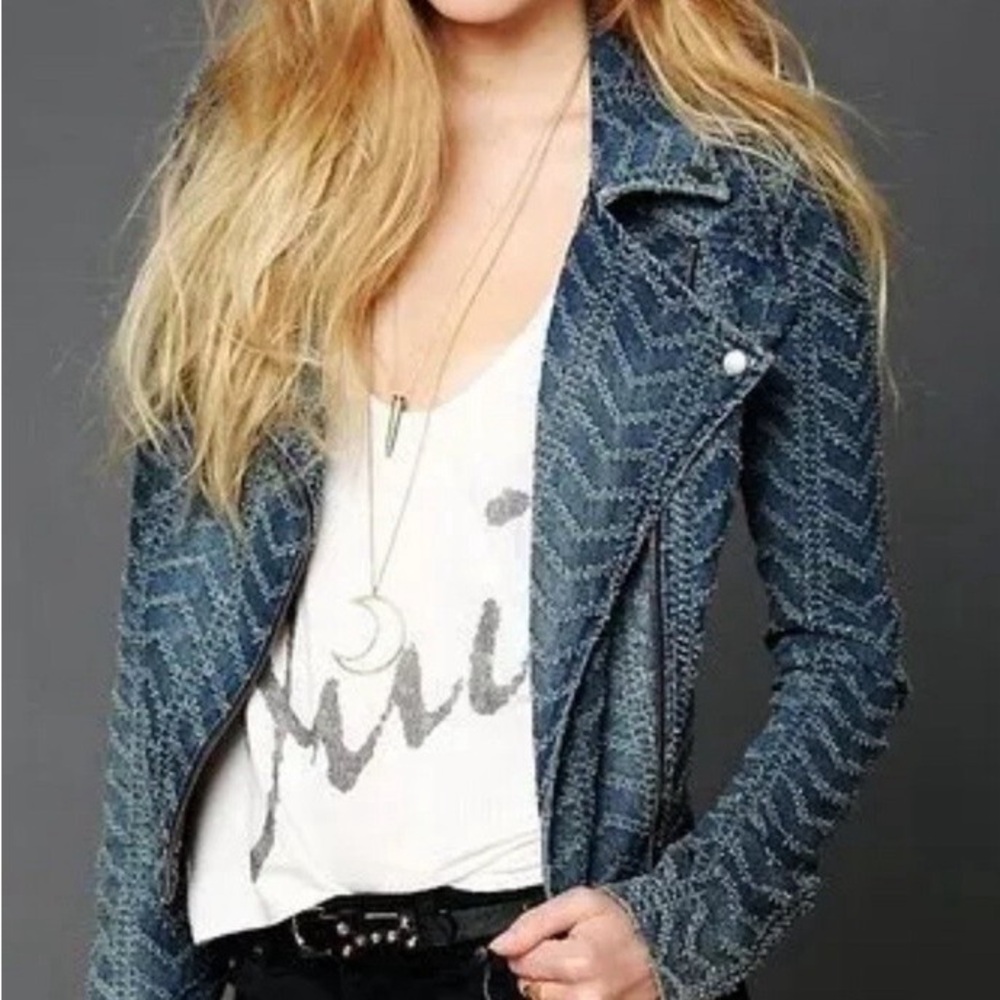 FREE PEOPLE Textured Chevron Blue Denim Moto Jacket